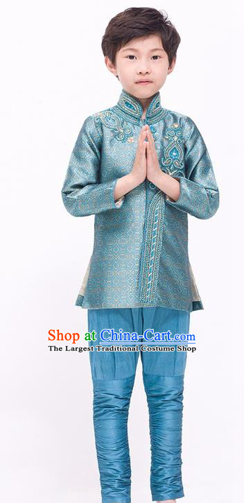 South Asian India Traditional Costume Lake Blue Shirt and Pants Asia Indian National Suit for Kids