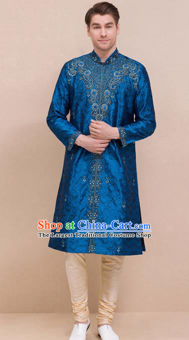 South Asian India Traditional Costume Peacock Blue Coat and Pants Asia Indian National Suit for Men