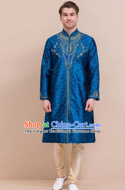 South Asian India Traditional Costume Deep Blue Coat and Pants Asia Indian National Suit for Men