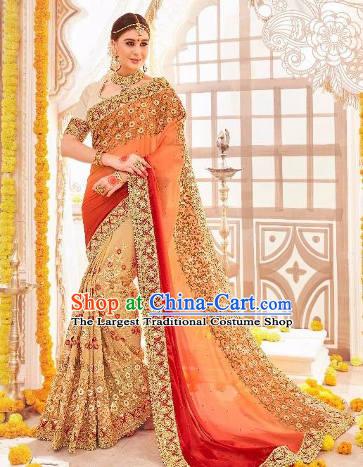Asian India Traditional Wedding Bride Orange Sari Dress Indian Bollywood Court Costume for Women