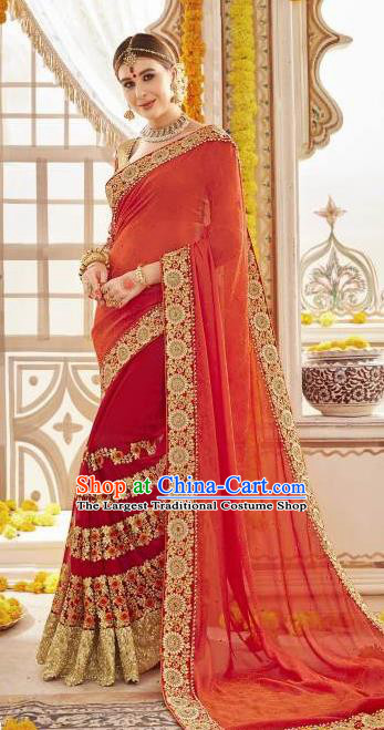 Asian India Traditional Wedding Bride Red Sari Dress Indian Bollywood Court Costume for Women
