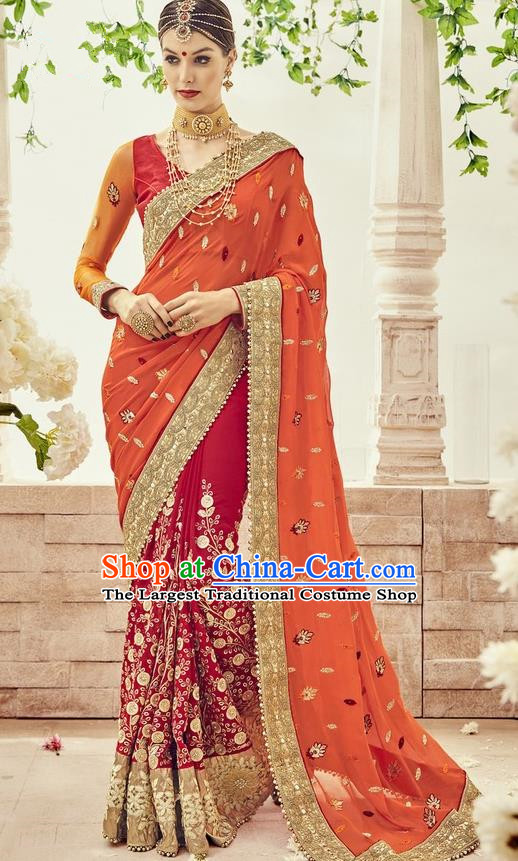 Asian India Traditional Wedding Orange Sari Dress Indian Bollywood Court Bride Costume for Women