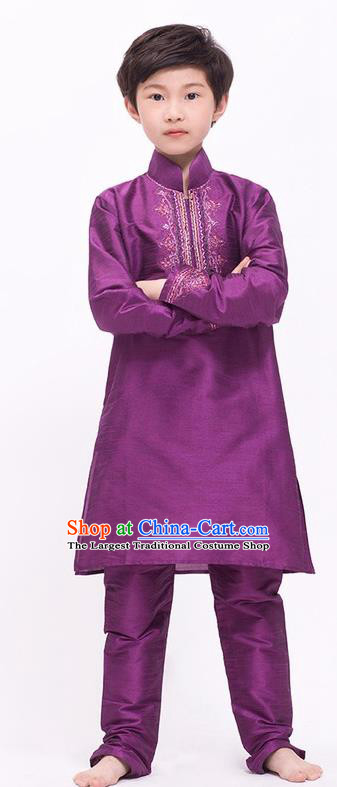 South Asian India Traditional Costume Purple Shirt and Pants Asia Indian National Suit for Kids