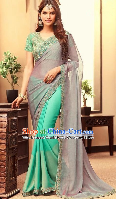 Indian Traditional Court Green Sari Dress Asian India Princess Bollywood Embroidered Costume for Women