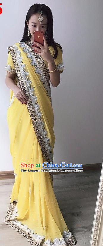 Indian Traditional Court Princess Yellow Sari Dress Asian India Bollywood Embroidered Costume for Women