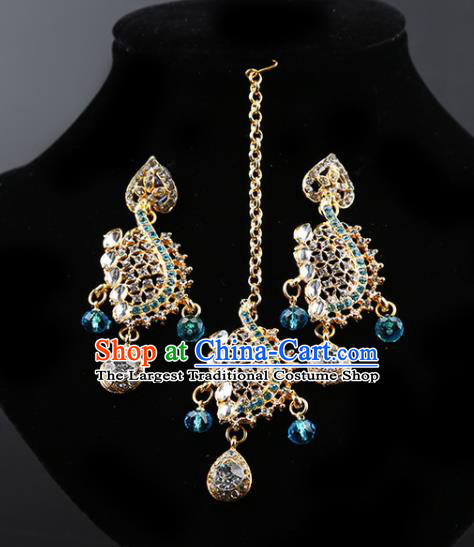 Indian Bollywood Blue Crystal Earrings and Eyebrows Pendant India Traditional Court Princess Jewelry Accessories for Women