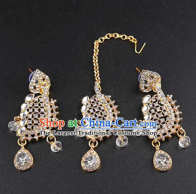 Indian Bollywood Crystal Earrings and Eyebrows Pendant India Traditional Court Princess Jewelry Accessories for Women