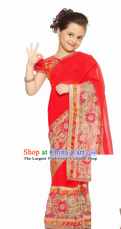 South Asian India Traditional Red Costume Asia Indian National Sari Dress for Kids