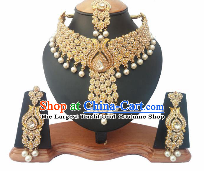 South Asian India Traditional Crystal Jewelry Accessories Indian Bollywood Necklace Earrings and Headwear for Women