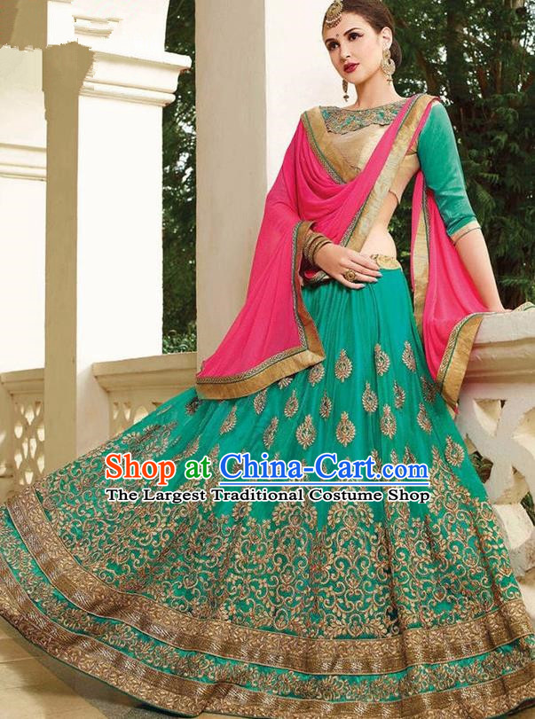 Asian India Traditional Bride Embroidered Green Sari Dress Indian Bollywood Court Queen Costume for Women