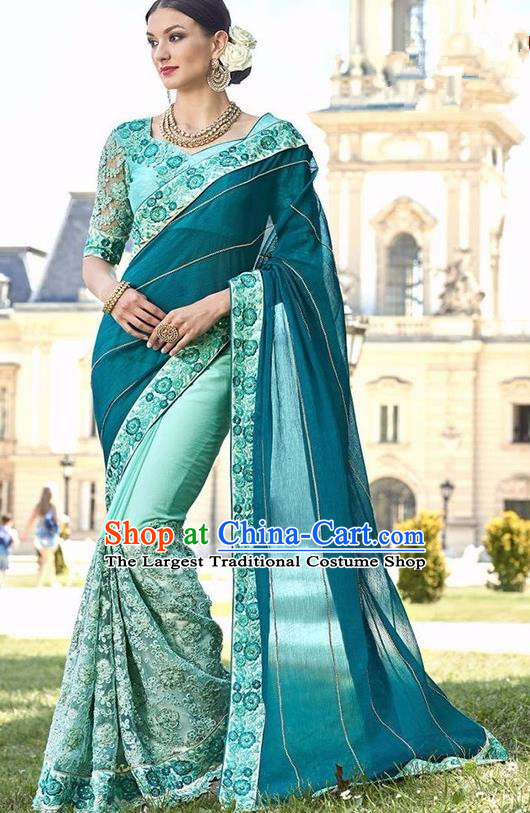 Asian India Traditional Atrovirens Sari Dress Indian Bollywood Court Bride Costume Complete Set for Women