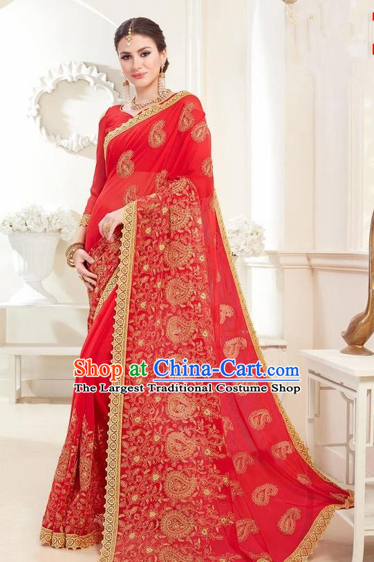 Asian India Traditional Court Princess Red Sari Dress Indian Bollywood Bride Embroidered Costume for Women
