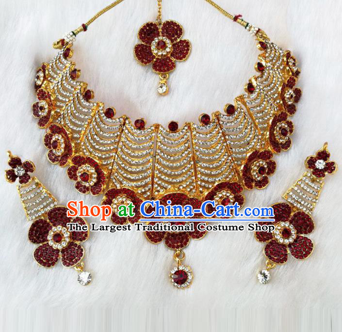 South Asian India Traditional Jewelry Accessories Indian Bollywood Wine Red Crystal Necklace Earrings Hair Clasp for Women