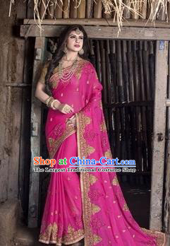 Asian India Traditional Rosy Veil Sari Dress Indian Court Princess Bollywood Embroidered Costume for Women