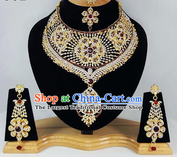 Indian Traditional Bollywood Red Crystal Necklace Earrings and Eyebrows Pendant India Court Princess Jewelry Accessories for Women