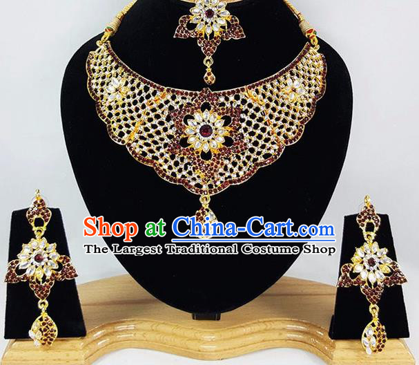 Indian Traditional Bollywood Court Necklace Earrings and Eyebrows Pendant India Princess Jewelry Accessories for Women