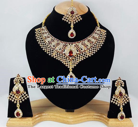 Traditional Indian Bollywood Crystal Golden Necklace Earrings and Eyebrows Pendant India Princess Jewelry Accessories for Women