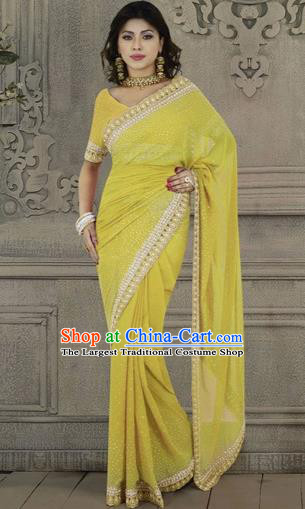 Indian Traditional Bollywood Yellow Veil Sari Dress Asian India Royal Princess Embroidered Costume for Women