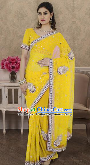 Indian Traditional Bollywood Court Bright Yellow Sari Dress Asian India Royal Princess Costume for Women
