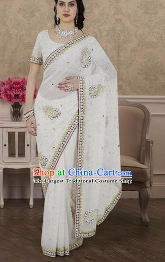 Indian Traditional Bollywood Court White Sari Dress Asian India Royal Princess Costume for Women
