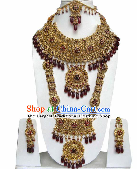 Traditional Indian Wedding Jewelry Accessories Bollywood Court Princess Wine Red Beads Necklace Earrings and Hair Clasp for Women