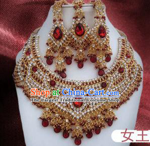 Traditional Indian Wedding Accessories Bollywood Red Crystal Necklace Earrings and Hair Clasp for Women