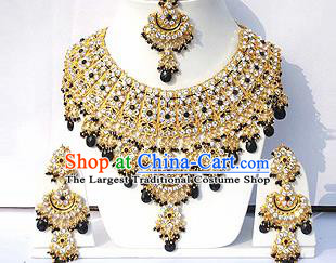 Traditional Indian Wedding Accessories Bollywood Princess Black Beads Necklace Earrings and Hair Clasp for Women