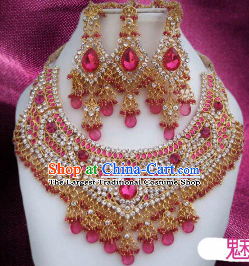 Traditional Indian Wedding Accessories Bollywood Pink Crystal Necklace Earrings and Hair Clasp for Women