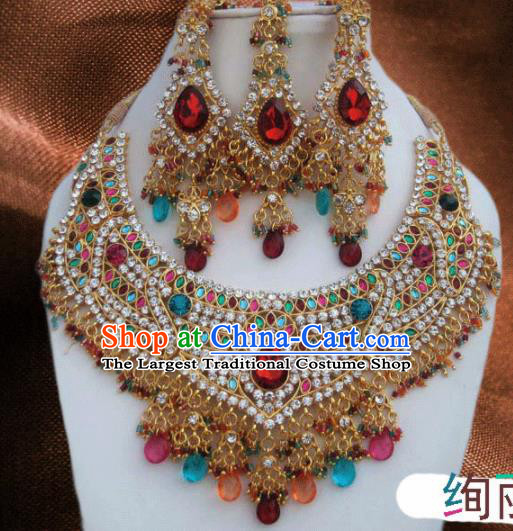 Traditional Indian Wedding Accessories Bollywood Colorful Crystal Necklace Earrings and Hair Clasp for Women