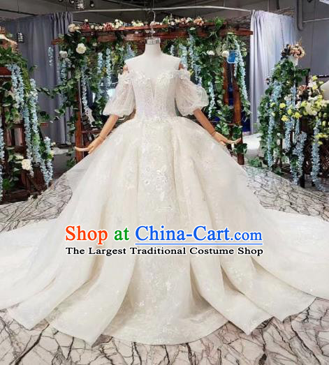 Top Grade Customize Bride Embroidered Off Shoulder White Veil Trailing Full Dress Court Princess Wedding Costume for Women