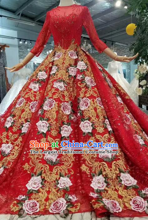 Chinese Customize Court Embroidered Roses Red Veil Trailing Wedding Dress Top Grade Bride Costume for Women