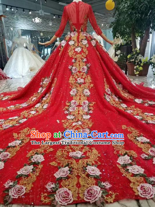 Chinese Customize Court Embroidered Roses Red Veil Trailing Wedding Dress Top Grade Bride Costume for Women