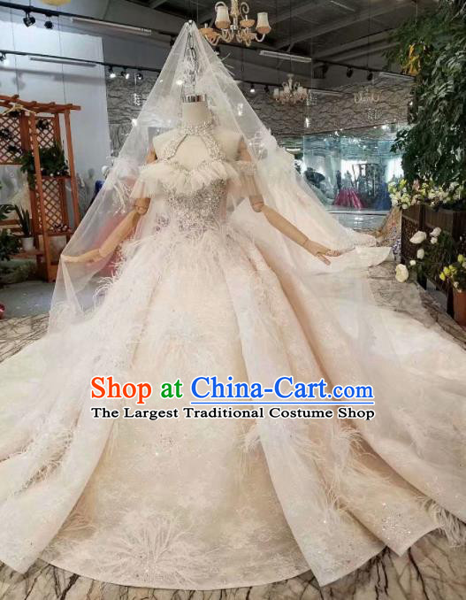 Customize Handmade Princess Feather Trailing Dress Wedding Court Bride Costume for Women