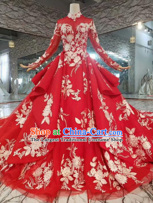 Chinese Customize Embroidered Court Red Veil Trailing Wedding Dress Top Grade Bride Costume for Women