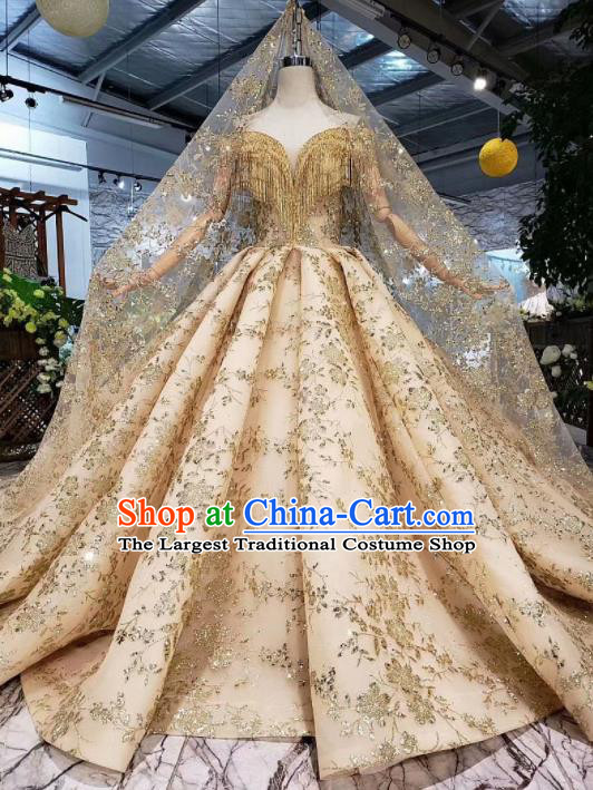 Customize Embroidered Golden Tassel Trailing Full Dress Top Grade Court Princess Waltz Dance Costume for Women