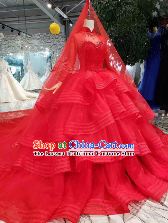 Customize Red Veil Trailing Full Dress Top Grade Court Princess Waltz Dance Costume for Women