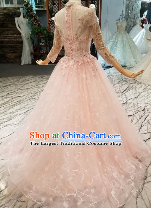 Top Grade Customize Modern Fancywork Pink Beads Tassel Full Dress Court Princess Waltz Dance Costume for Women