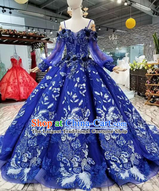 Top Grade Modern Fancywork Royalblue Full Dress Customize Waltz Dance Costume for Women