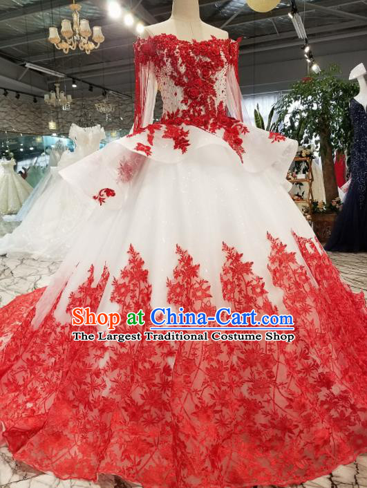 Top Grade Modern Fancywork Court Red Lace Full Dress Customize Princess Waltz Dance Costume for Women