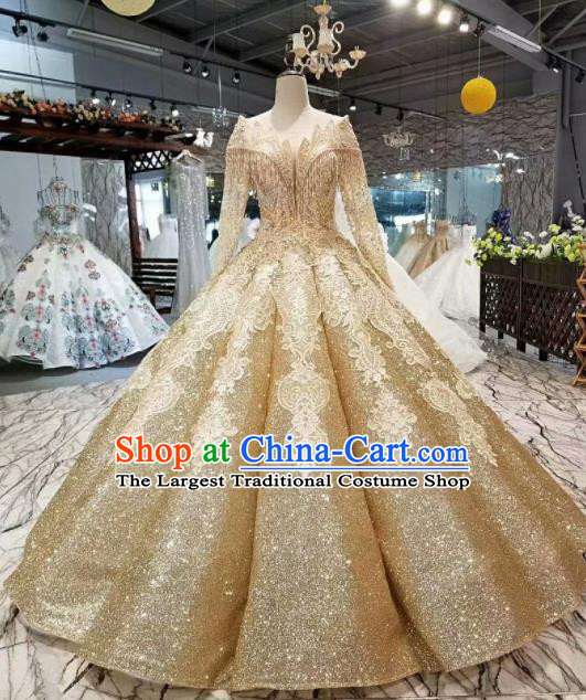 Top Grade Modern Fancywork Court Luxury Golden Full Dress Customize Princess Waltz Dance Costume for Women