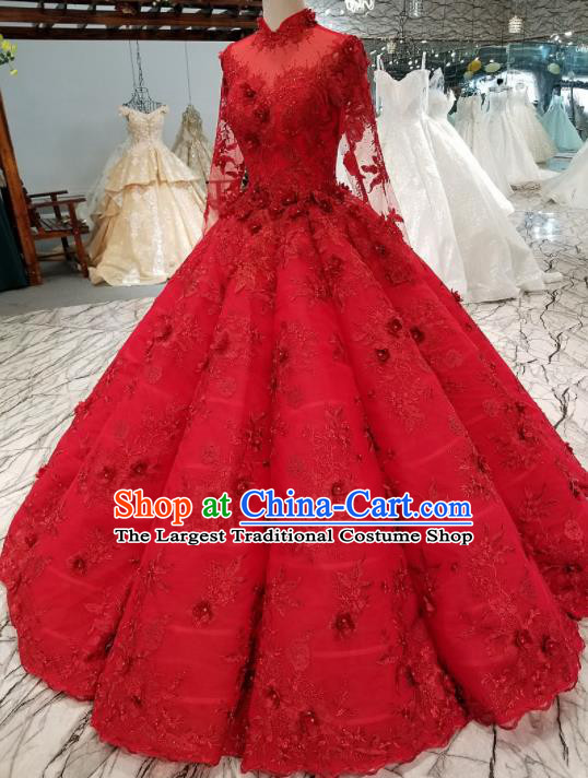 Top Grade Red Lace Full Dress Customize Modern Fancywork Princess Waltz Dance Costume for Women