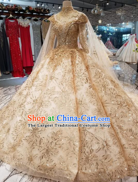 Top Grade Golden Trailing Full Dress Customize Modern Fancywork Princess Waltz Dance Costume for Women