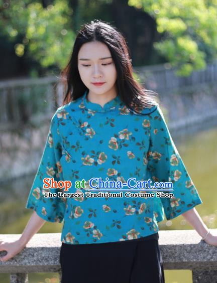 Chinese Traditional National Costume Printing Flowers Blue Shirt Tang Suit Upper Outer Garment for Women