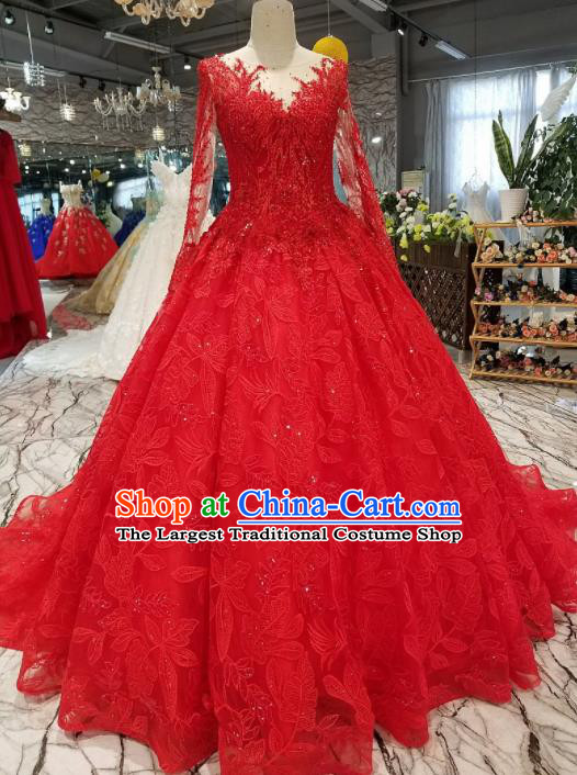 Top Grade Embroidered Red Veil Full Dress Customize Modern Fancywork Princess Waltz Dance Costume for Women