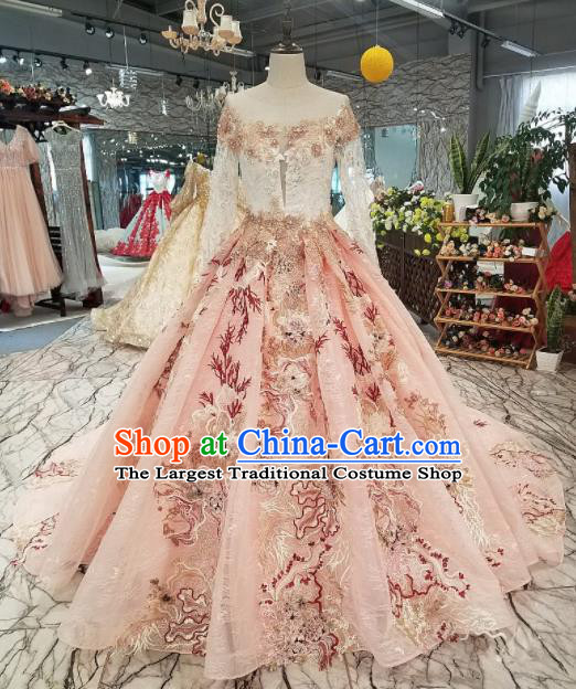 Top Grade Embroidered Long Trailing Pink Full Dress Customize Modern Fancywork Princess Waltz Dance Costume for Women