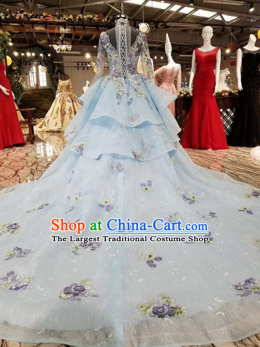 Top Grade Blue Trailing Full Dress Customize Modern Fancywork Princess Waltz Dance Costume for Women
