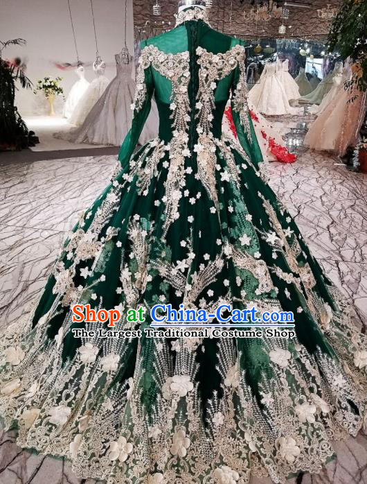 Top Grade Court Handmade Diamante Green Full Dress Customize Modern Fancywork Waltz Dance Costume for Women