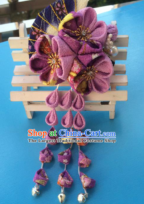 Traditional Japan Purple Sakura Fan Tassel Hair Claw Japanese Kimono Hair Accessories for Women
