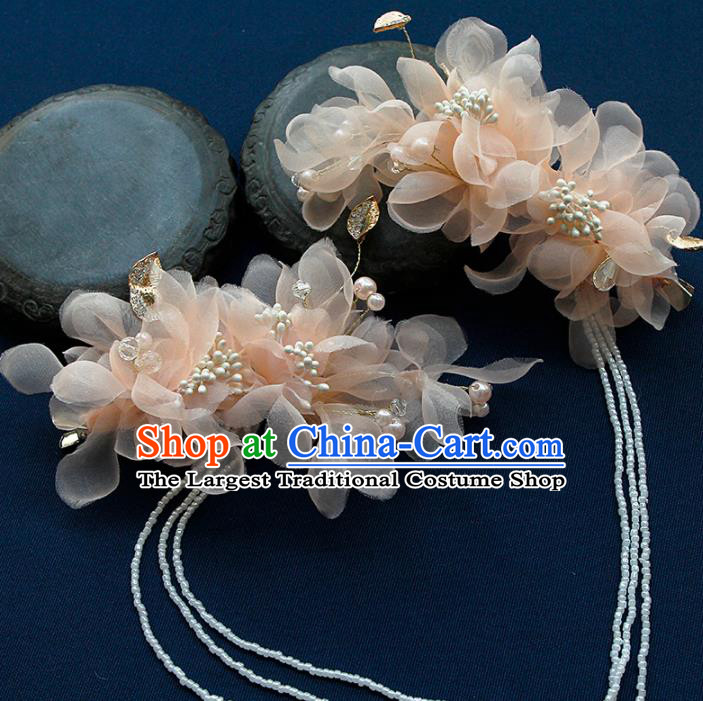 China Ancient Princess Pink Silk Flowers Tassel Hair Claw Hairpins Chinese Traditional Hanfu Hair Accessories for Women