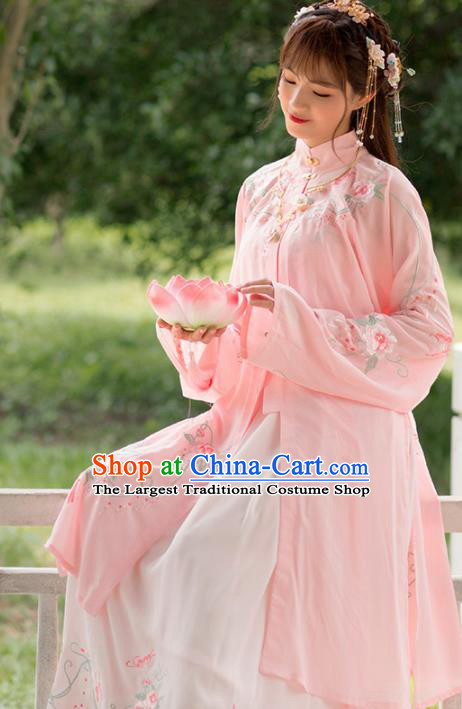 Traditional Chinese Ming Dynasty Young Lady Pink Hanfu Dress Ancient Princess Historical Costume for Women